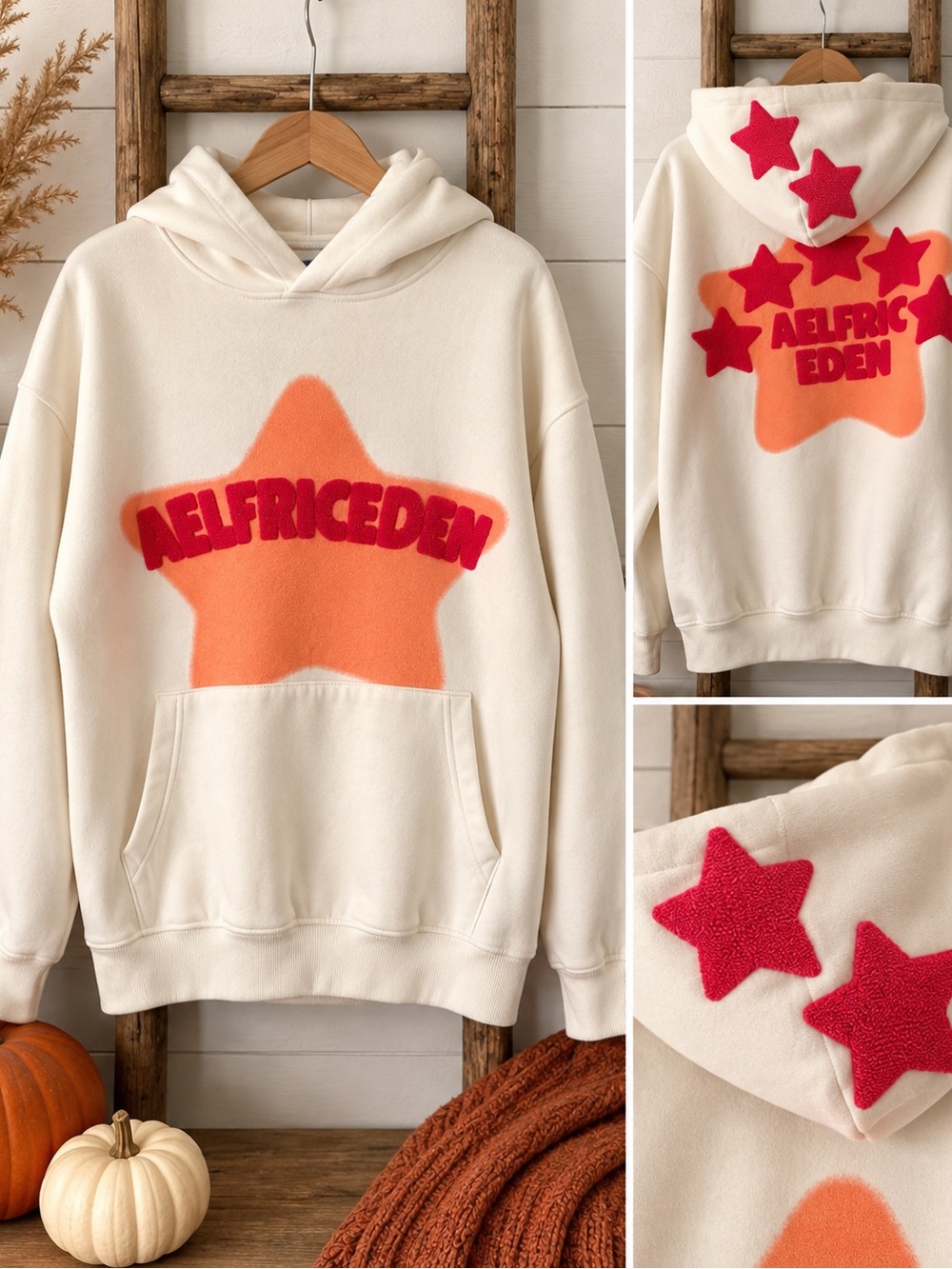 Aelfric Eden Adult Cream Hoodie with Orange Star & Pink Accents, sz L, euc ⭐️🧡🩷